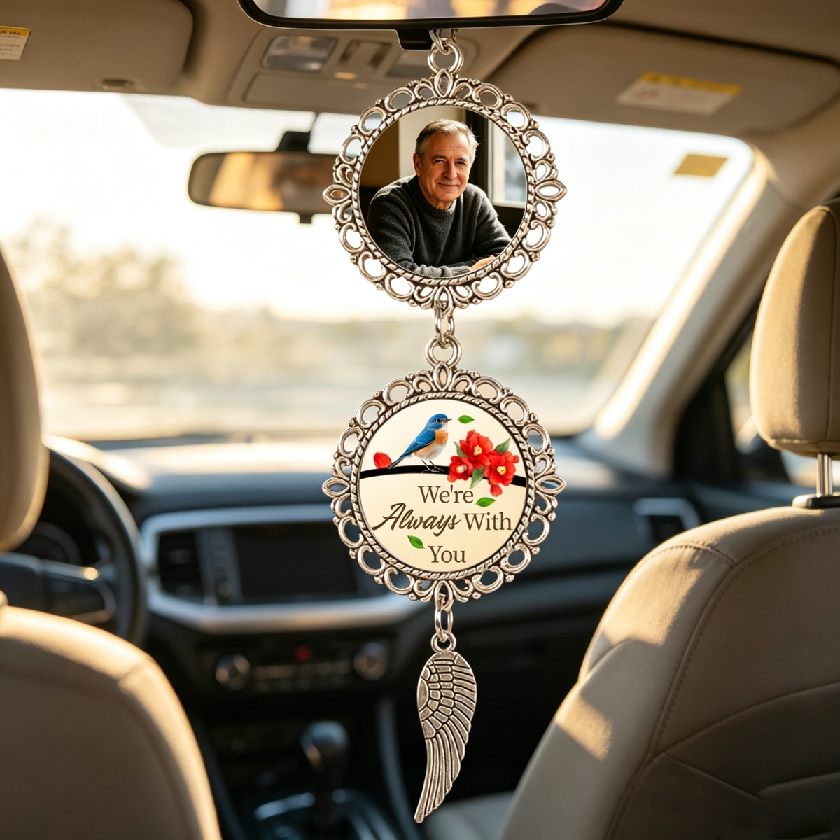 "Angel Wings" Car Memorial Ornament – Custom With Photos And Personal Messages; Dedicated To Families Who Have Lost A Loved One, And Perfect For Expressing Condolences And Remembrance.