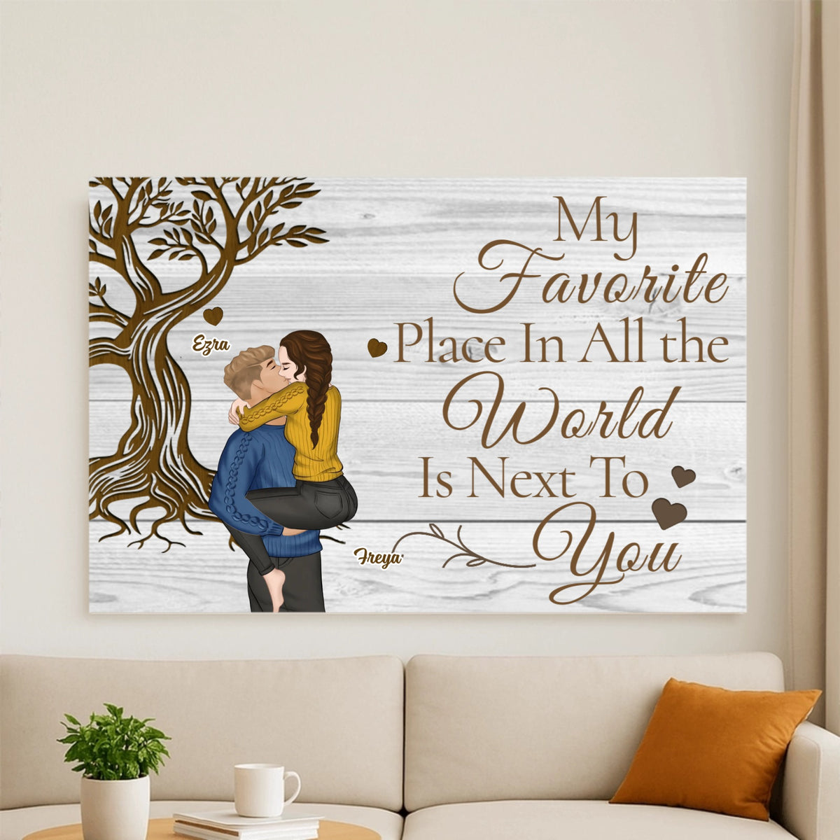"My Favorite Place In The World" — Personalized Custom Canvas Print Or Poster Featuring A Kissing Couple; Romantic Wall Art Designed Specifically For Couples, Perfect For Wedding Anniversaries, Valentine's Day, And Home Decor.
