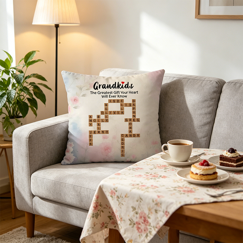 Personalized Grandkids Make Life More Grand Crossword Puzzle Soft Throw Pillow Cover with Names Mother's Day Father's Day Gift for Mom Dad, Grandparents