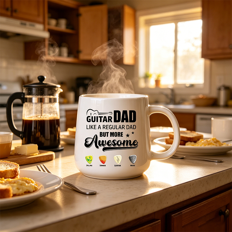 Personalized Guitar-Themed Dad Design, Custom White Mug, Perfect For Morning Coffee, Fun and Stylish, a Great Gift for Dad.