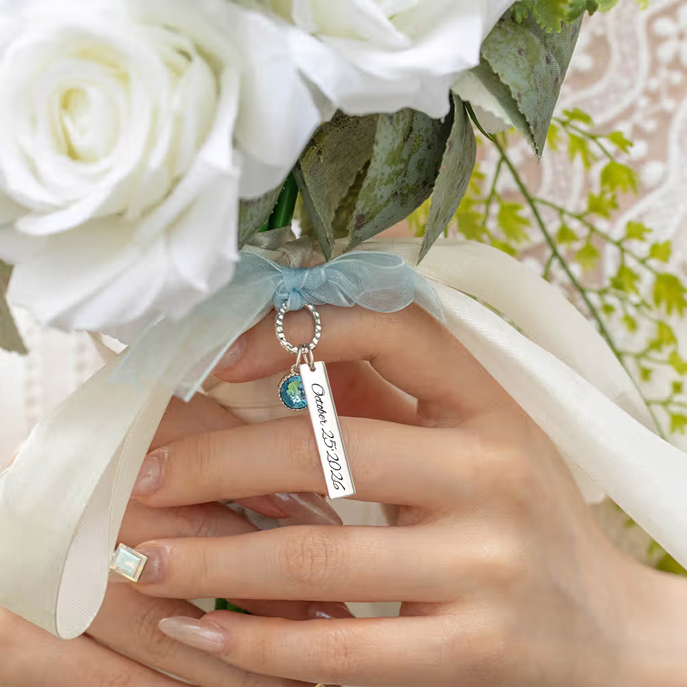Personalized Blue Crystal Bar Pendant, Engraved With Text, Stainless Steel Bouquet Pendant, A "Something Blue" Wedding Gift For The Bride.