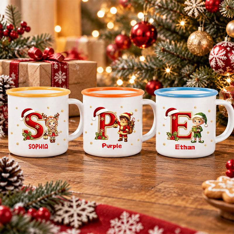 Christmas Initial Character Personalized Enamel Mug, Custom Name Coffee Cup for Kids Family Holiday Gift