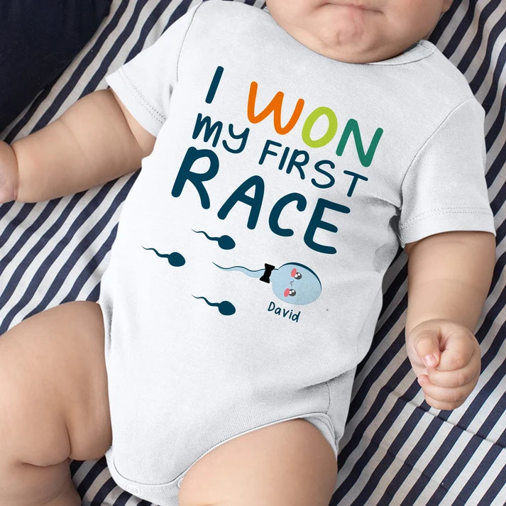 "I Won My First Race" – Personalized Baby Bodysuit, Unisex Design, Suitable For Newborns; Perfect For Baby Showers Or As A Newborn Gift