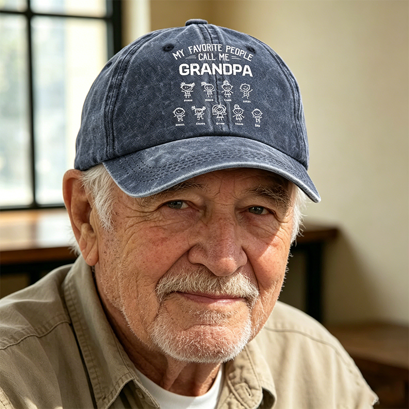 Personalized Retro Washed Baseball Cap With a Simple Line Drawing of a Character and the Message "My Favorite Person Calls Me Grandpa," Making it a Suitable Gift for Father's Day, Birthdays, or for Family members such as Grandfpa.