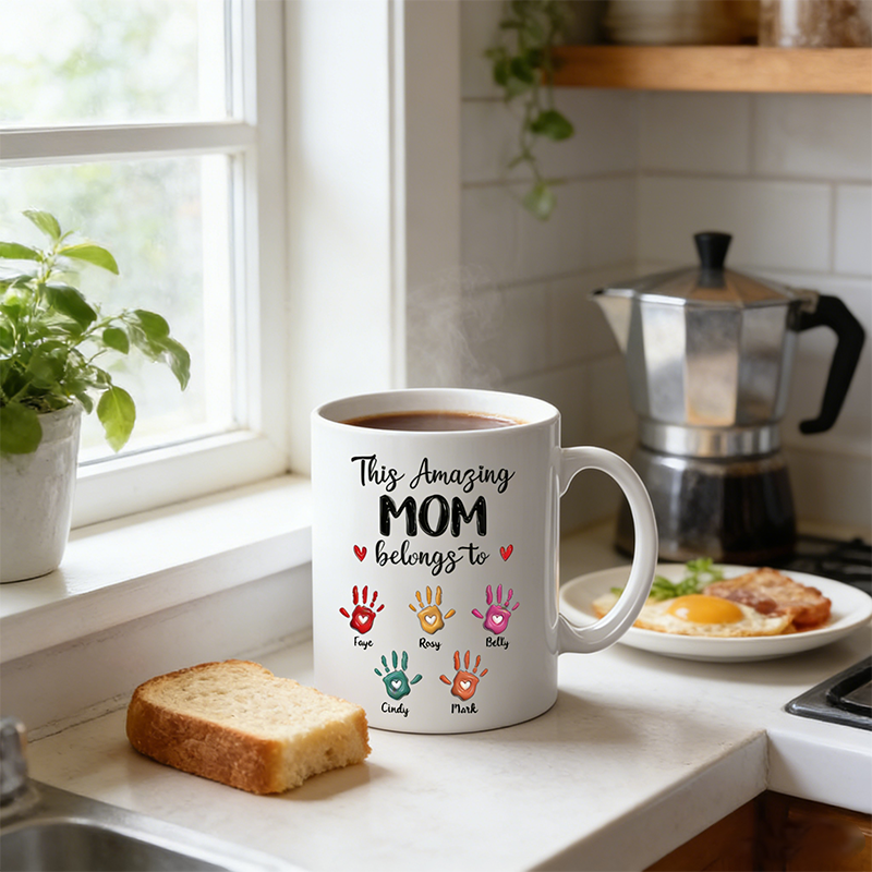 Personalized Handprint Color & Name, 1-6 Kids Option, White Ceramic Mug, Custom Mom Gift for Mother's Day, Birthdays, Family Love, Gift for Moms from Children