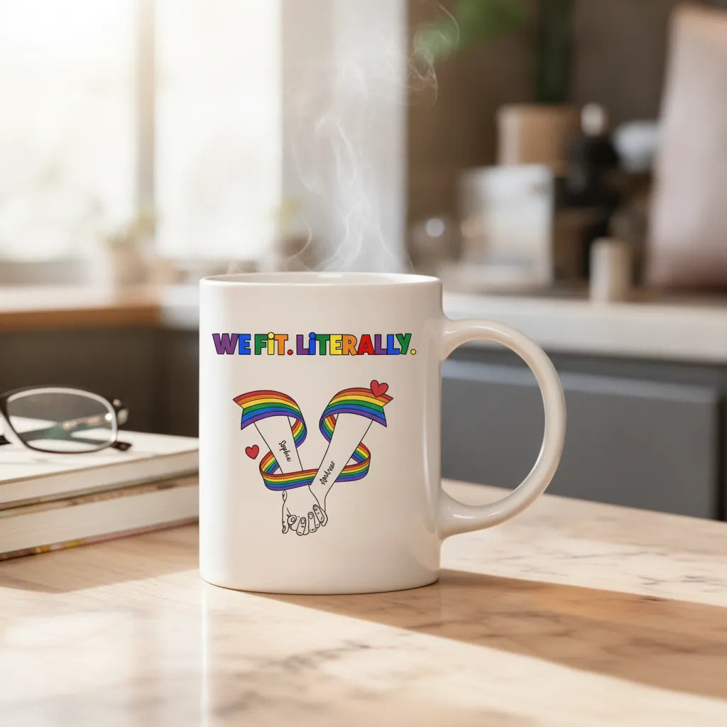 Custom "We Fit. Literally." Couple Mug Personalized Name Coffee Cup for Partners, Romantic Pride Anniversary Gift