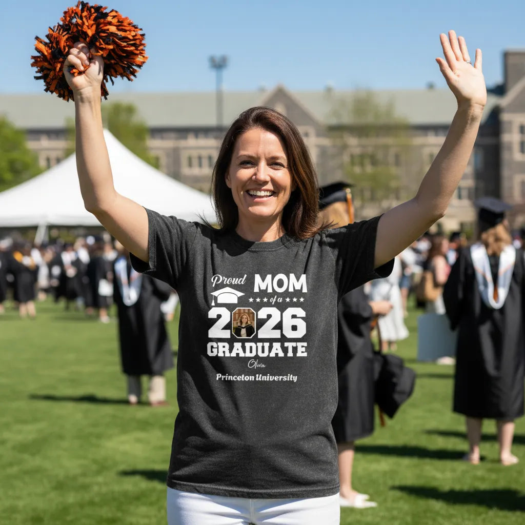 A washed shirt with a personalized photo and name is one of the most unforgettable gifts parents can give their children during graduation season.