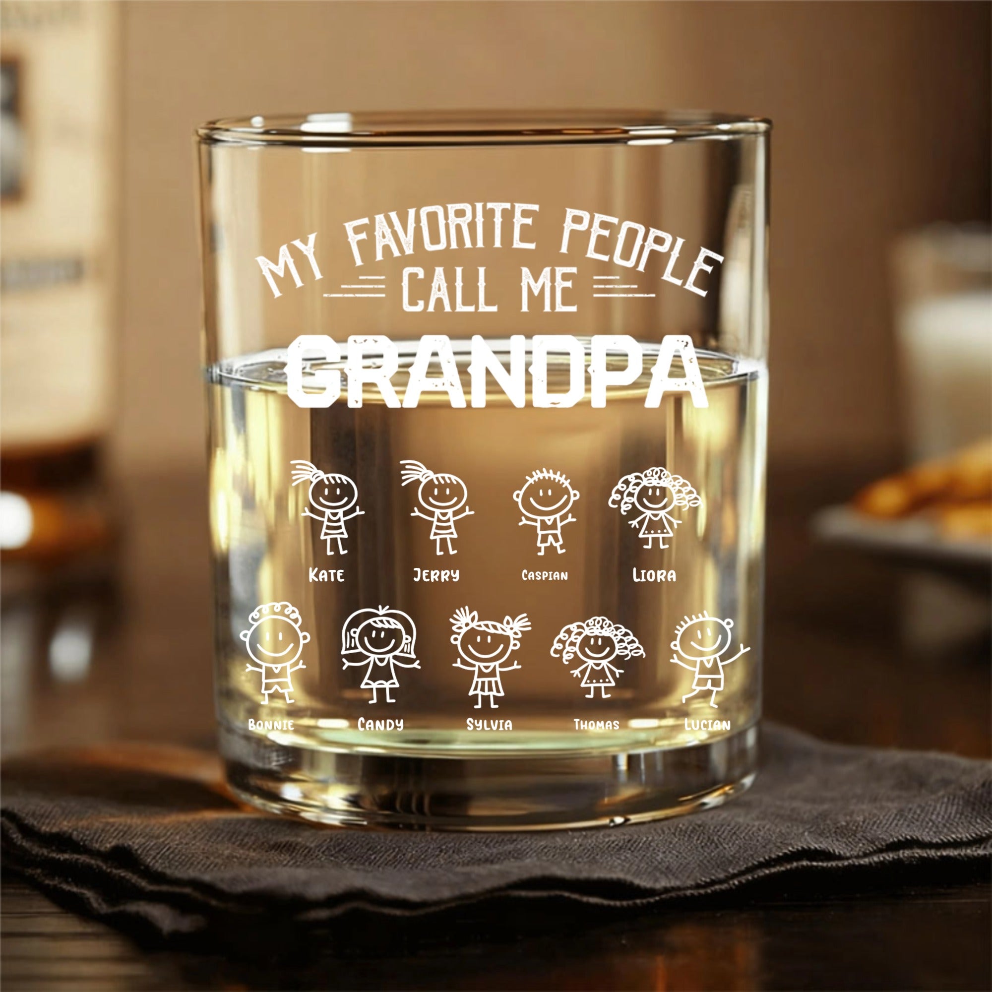 Personalized Whiskey Glasses Adorned With Children's Graffiti Art, Featuring The Phrase "My Favorite Person Calls Me Grandpa," Making Them a Unique Gift For Family Members, Such as Dads, Grandpas, and Husbands.
