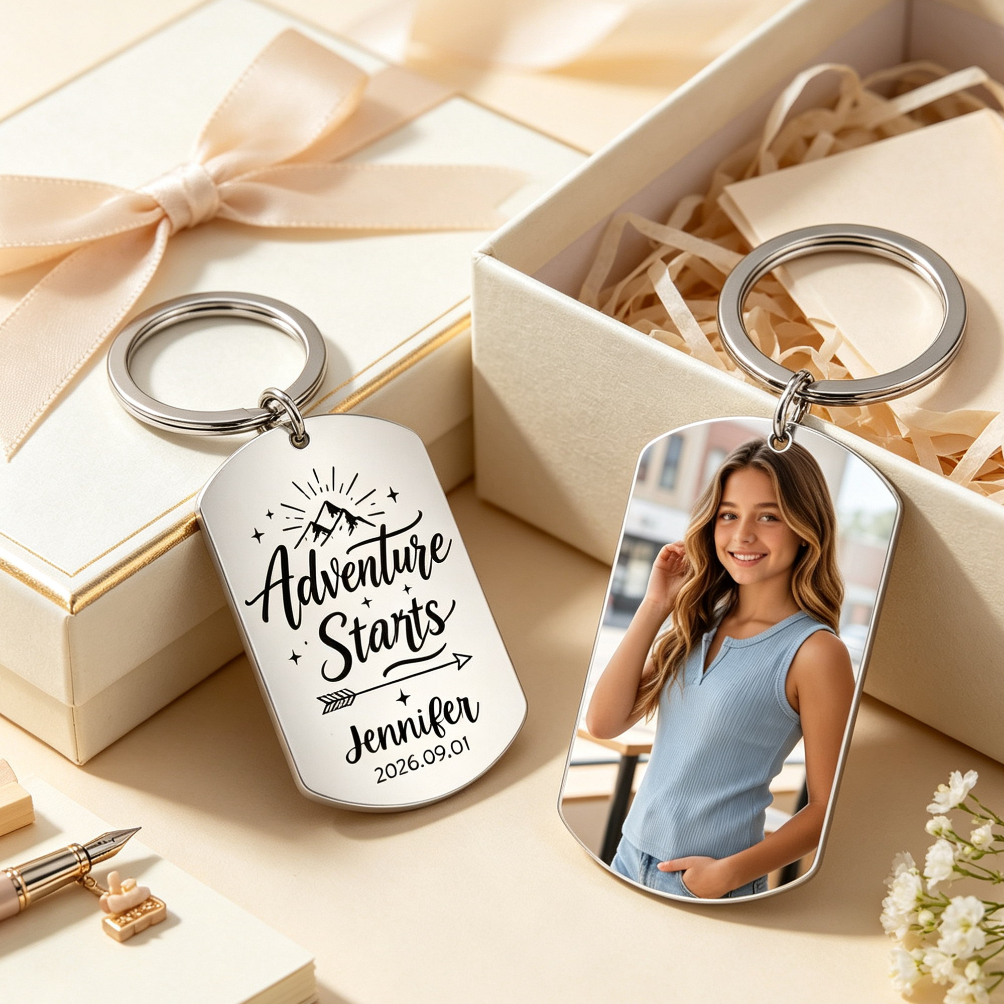Custom Stainless Steel Keychain, Personalized with Photos & Text "The Adventure Has Begun", Sentimental Back-To-School Gift for New University Students
