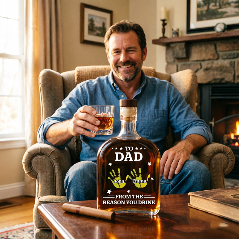 Custom Glass Whiskey Bottles Featuring Handprint Designs, Personalized With Children's Names—Unique Gifts For Fathers And Fellow Whisky Enthusiasts