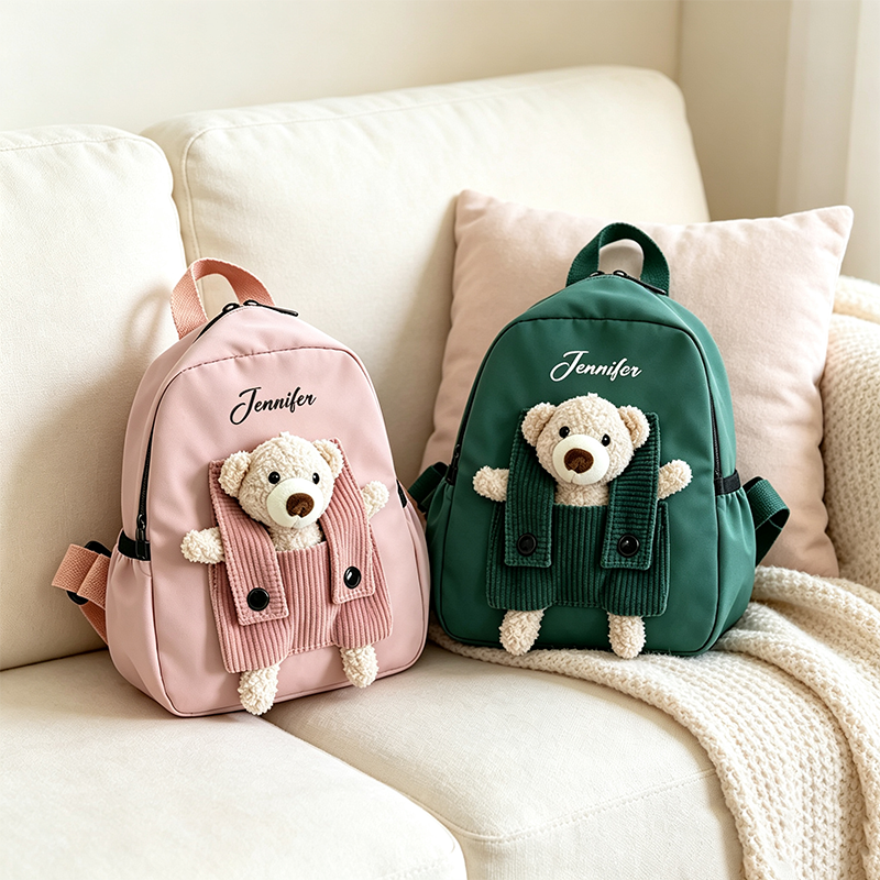 Custom Kids Kindergarten Backpack Personalized with Name, Featuring Removable Cute Teddy Bear Accessory, Lovely Back‑to‑School Present for Little Boys & Girls