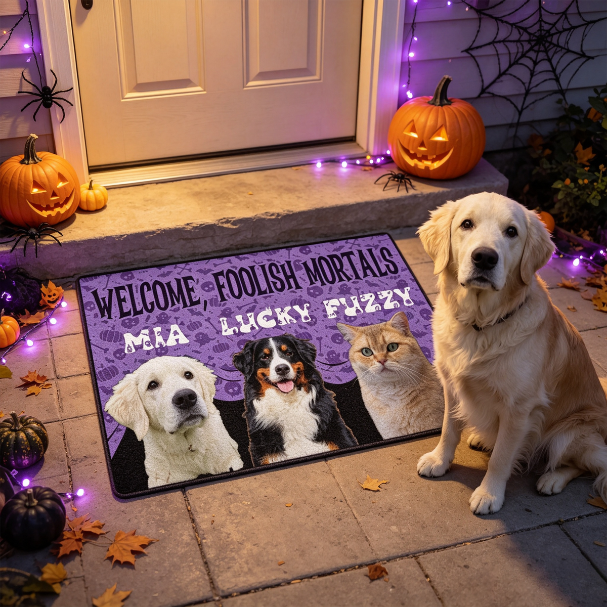 Personalized Halloween Floor Mat, "Welcome Foolish Mortals" Spooky Background, Custom Upload Pet Photo, Halloween Gift for Pet Lovers