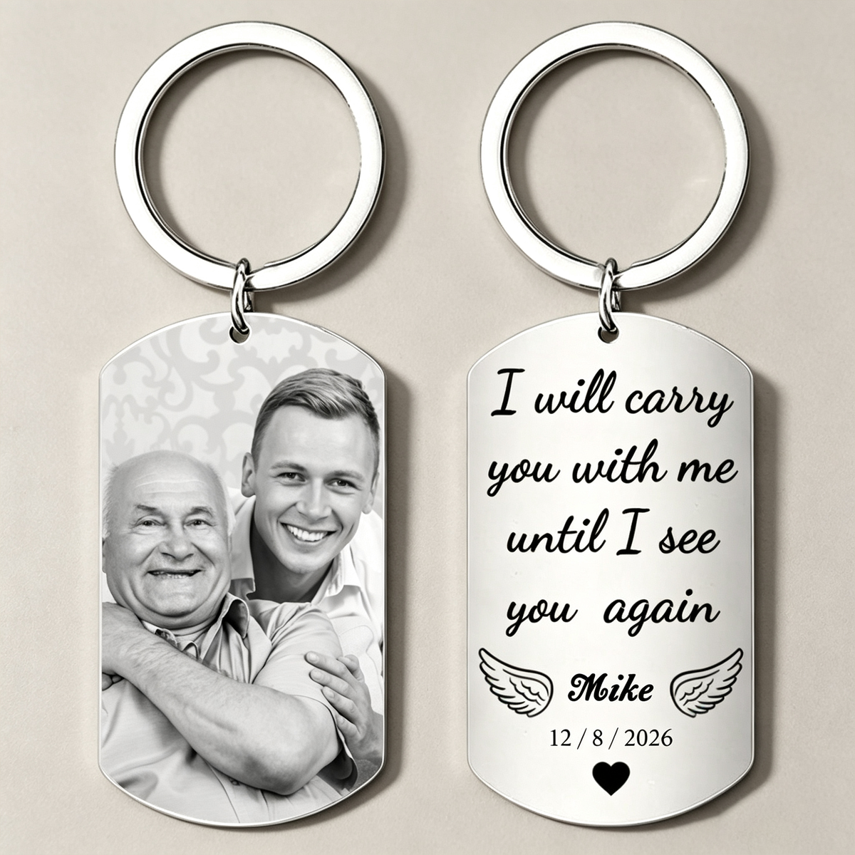 Personalized Metal Memorial Keychain, Engraved With Quote "I Will Carry You With Me Until I See You Again", Sentimental Sympathy Keepsake Gift for Loss of Loved One