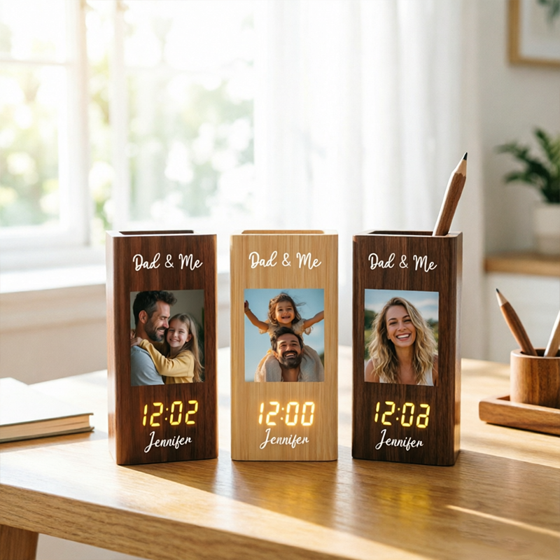 Personalized Photo Clock Pen Holder With Alarm Function, Perfect As A Father's Day Gift For Dad