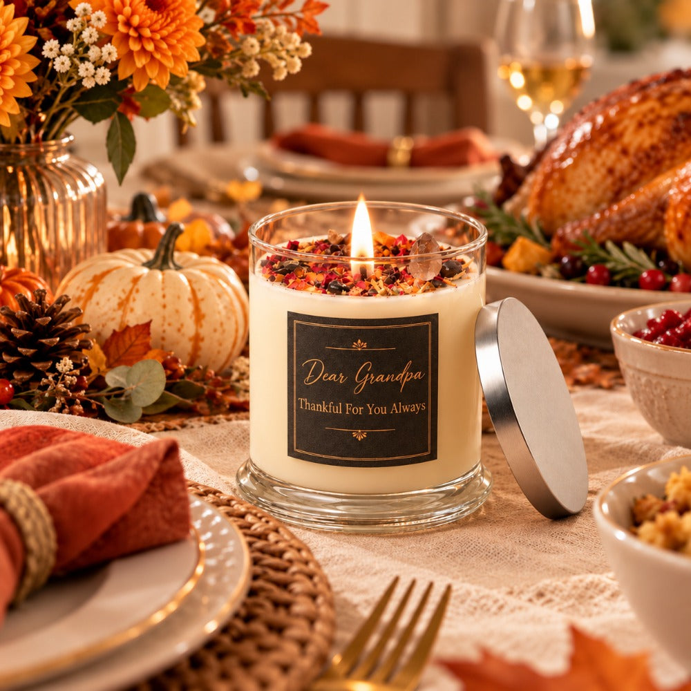 Handcrafted Thanksgiving Gratitude Ritual Candle | Spicy Woody Warm Scent, Crystal & Botanical Adorned for Cozy Holiday Ambiance