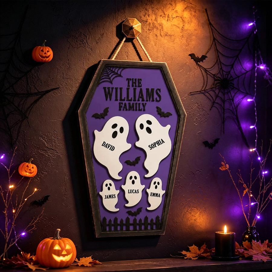 Sample TemplatePersonalized Ghost Family Wooden Sign, Purple Coffin Halloween Decor, Unique Gift for Family