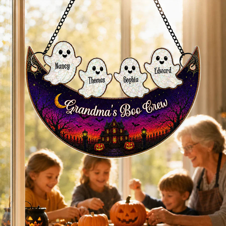 Sample TemplatePersonalized Acrylic Suncatcher Ornament for Grandma, Moon Boo Crew Halloween Window Decor, Unique Gift