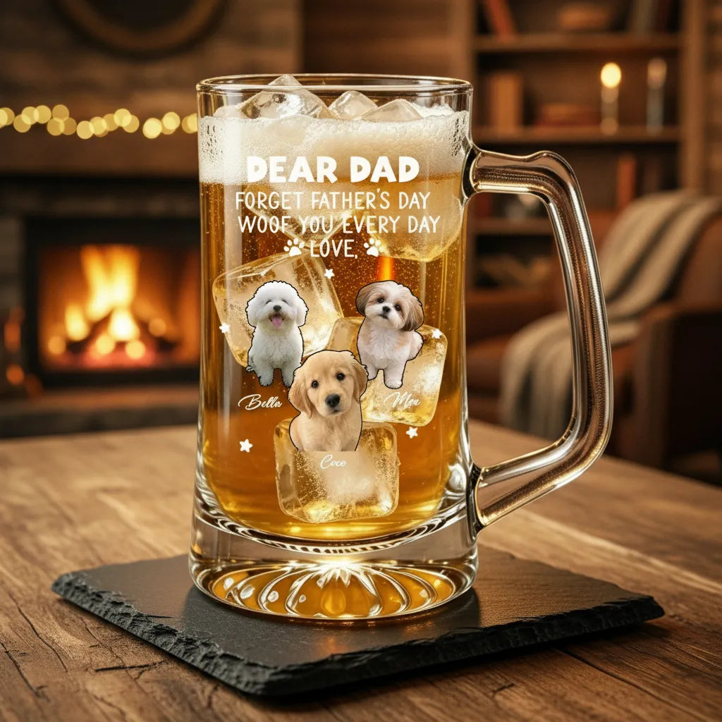 Personalized Custom Dog Lover's Transparent Glass Beer Mug, Allowing Customization Of The Dog's Photo And Name. It Is An Ideal Gift For Dog Lovers On Father's Day Or Birthdays
