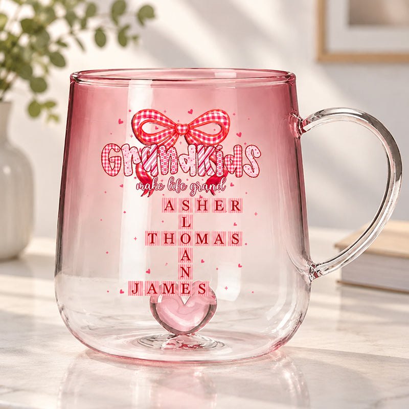Grandkids Make Life Grand Crossword Puzzle Art - Personalized Glass Mug - Mother's Day Gift for Mom, Grandma