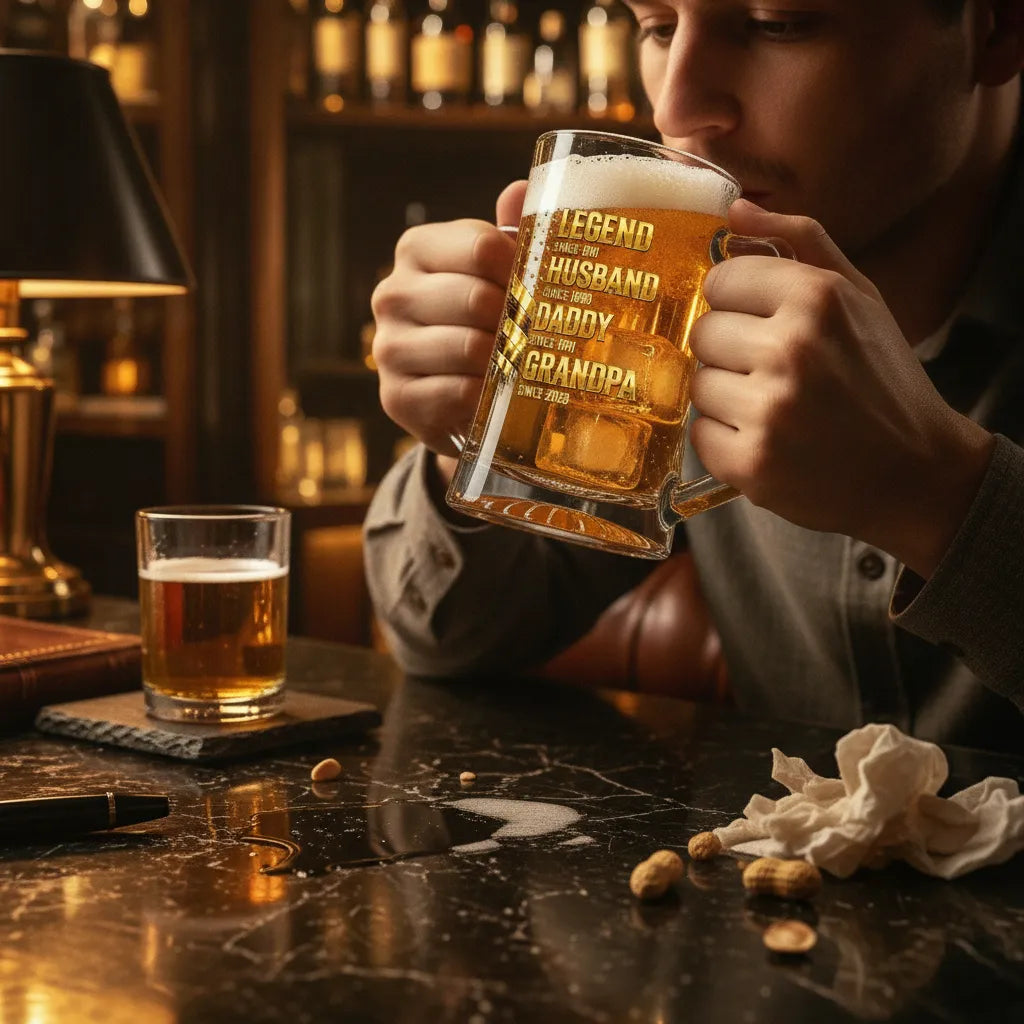 Personalized Beer Glass, Legend Masterpiece Custom Gift For Husband, Father, Grandfather – Gold Feather Bar Style