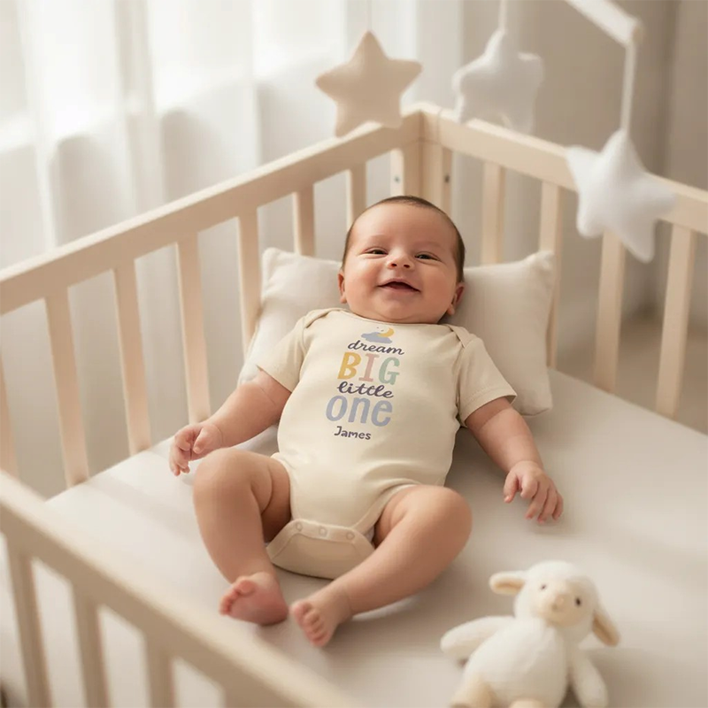 Personalized Baby Bodysuit, Custom Name Baby Romper, Dream Big Little One, Cute Moon and Stars Baby Shower Gift, Newborn Coming Home Outfit