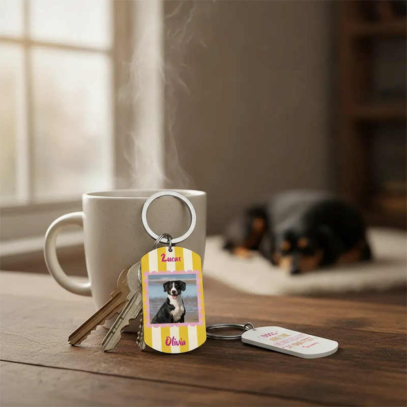 Custom Double Sided Pet Keychain, Personalized Dog Photo and Names Key Ring, Cute Yellow Striped Dog Tag Key Chain, Pet Lover Gift