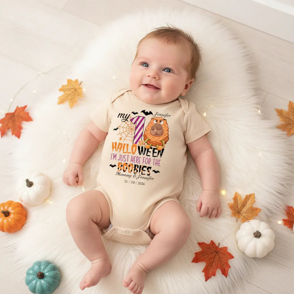 Custom My First Halloween Baby Photo Romper, Selectable Monster Patterns, Meaningful Gift for New Mom & Dad