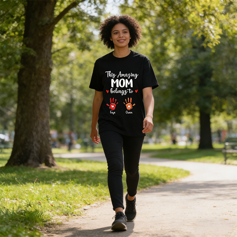 Personalized Handprint Mom T - Shirt, Custom Names & Colors, Cotton Crewneck, Gift for Mothers (Birthday / Mother's Day)