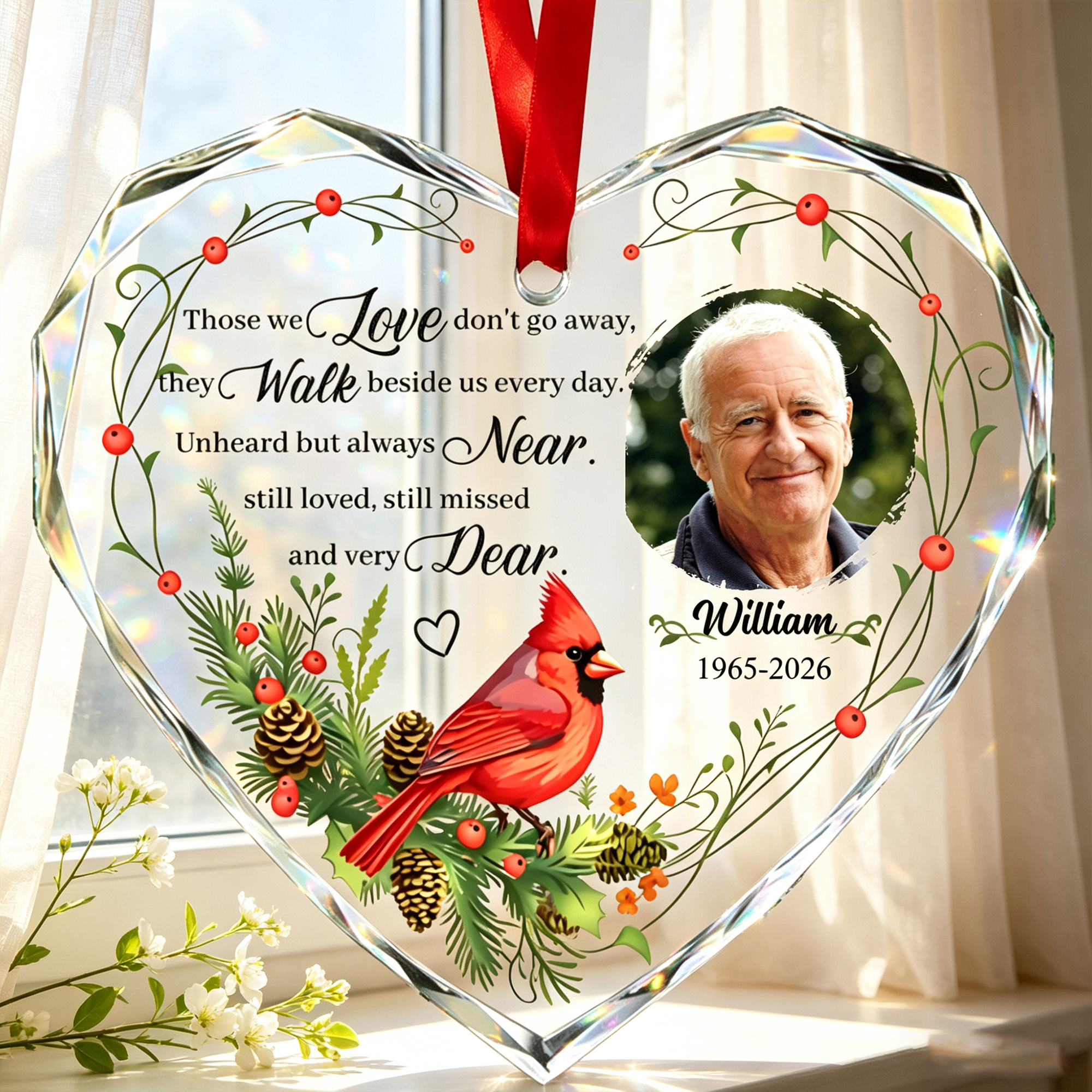 Personalized Cardinal & Memorial Poem Design, Custom Crystal Photo Ornament, The Perfect Gift For Family Members And Loved Ones Mourning Deceased Relatives