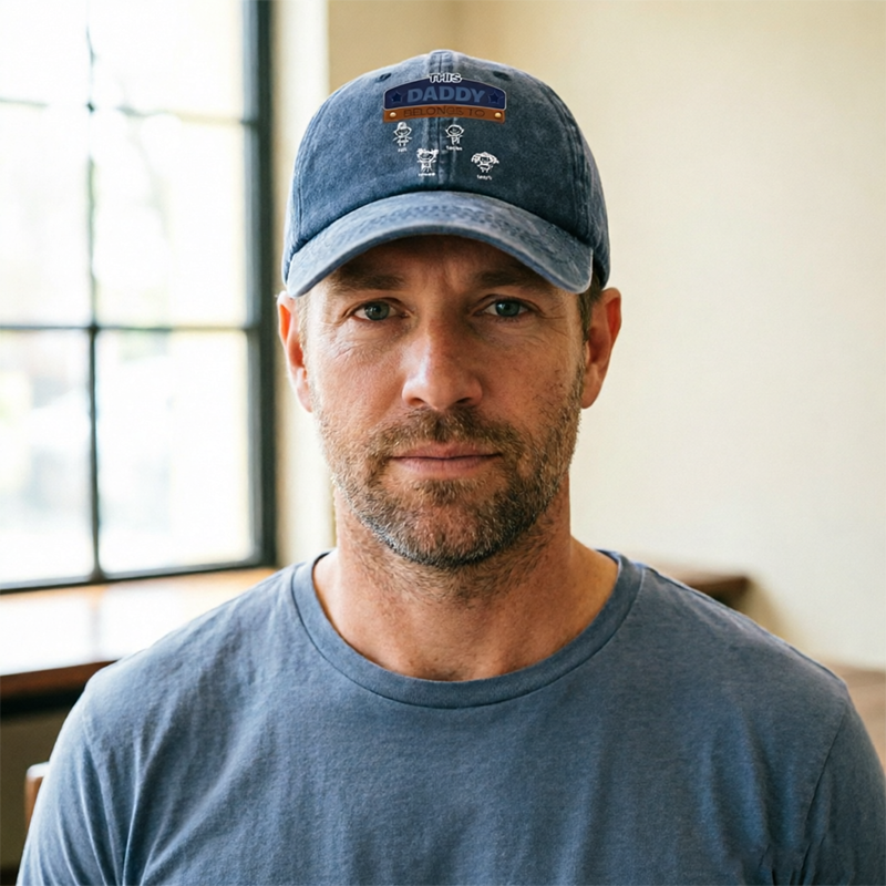 Personalized Retro Washed Denim Baseball Cap, Printed With Simple Line Drawings By Children, Perfect For Father's Day, Birthday Gifts, or as a Casual Outdoor Outfit For Dad and Grandpa.
