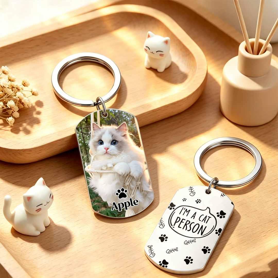 Custom Cat Photo Metal Keychain, Personalized Kitten Name Keepsake Gift For Cat Lovers