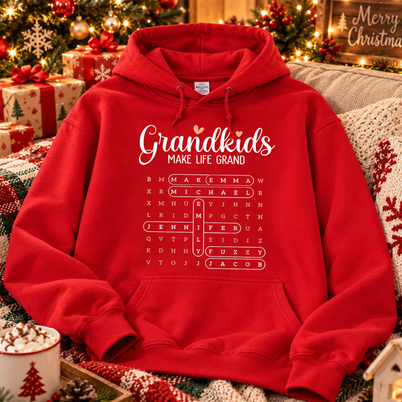 Personalized Hooded Sweatshirt Printed with "Grandkids Make Life Grand", Special Gift for Family for Thanksgiving, Christmas and Mother's Day