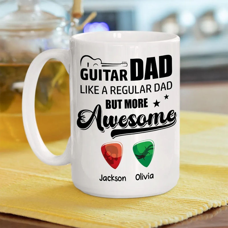 Personalized Guitar Dad White Ceramic Mug, perfect for morning coffee, fun and stylish, a great gift for dad.