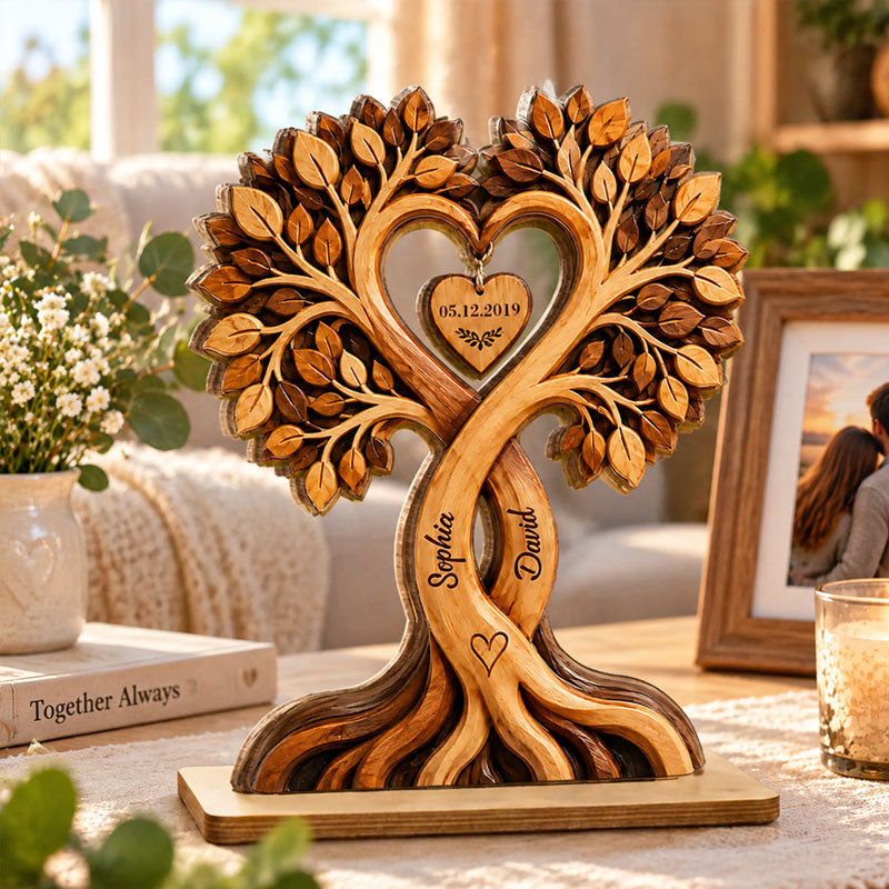 Personalized Double Layer Wooden Plaque, Heart Shaped Tree Pattern, Custom Names and Dates, Meaningful Keepsake Gift for Family, Couples and Friends