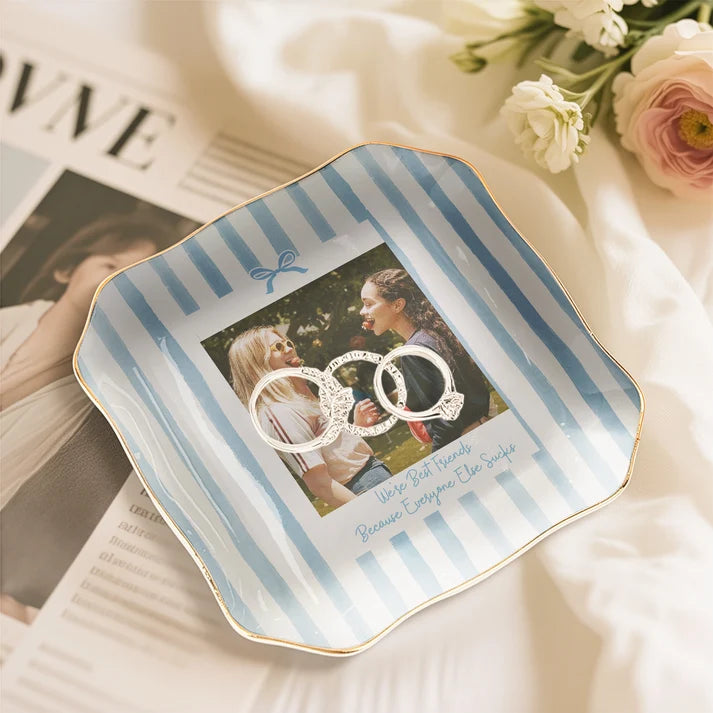 Personalized Ceramic Ring Dish, Custom Photo Text Jewelry Tray, Gold Edge Trinket Plate for Best Friend, Birthday Christmas Gift