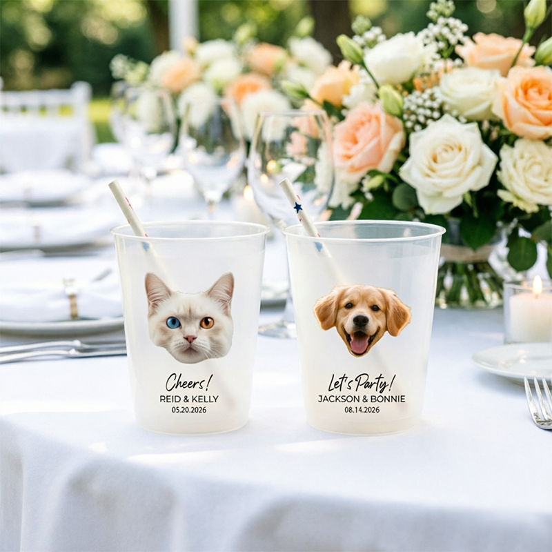Custom Disposable Plastic Cups with Pet Photos and Text – Personalized PP To-Go Cups for Couples, Pre-Wedding Parties, and Pet Events