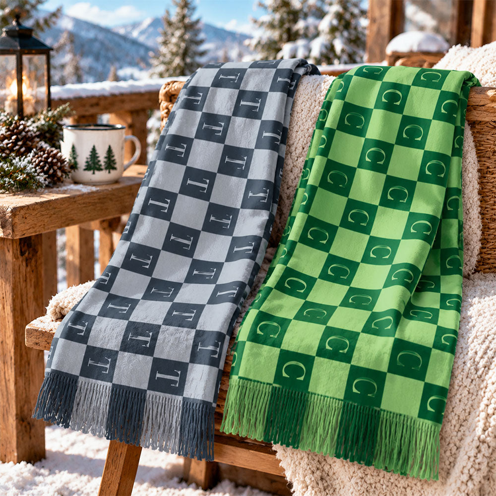 Custom Checkered Monogram Scarf, Personalized Double-Sided Fringe Winter Scarf for Family and Friends, Holiday Gift