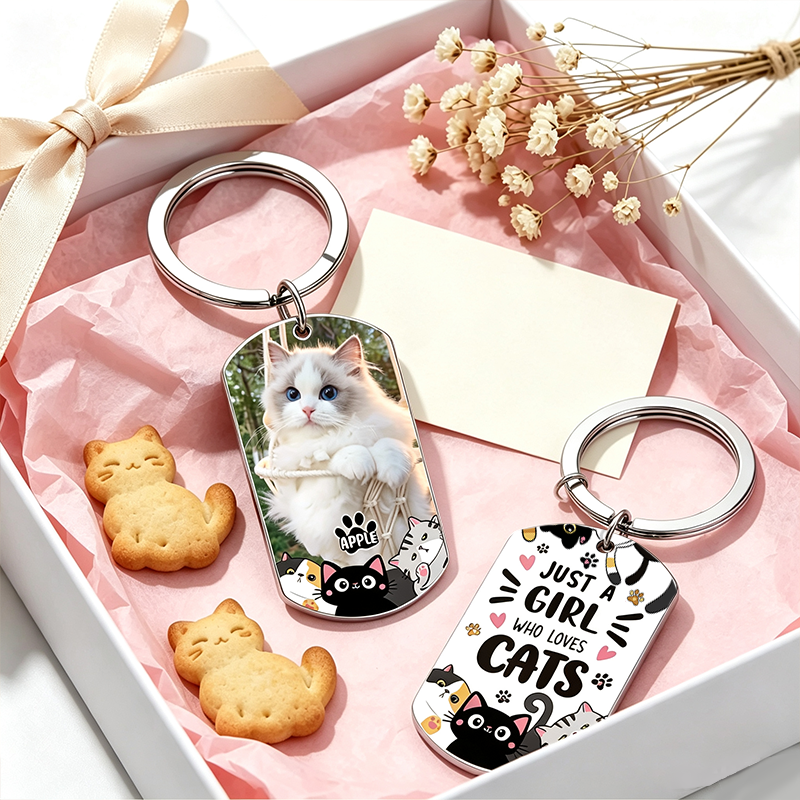 Custom Cat Photo Metal Keychain, Personalized Kitten Name Keepsake Gift For Cat Lovers