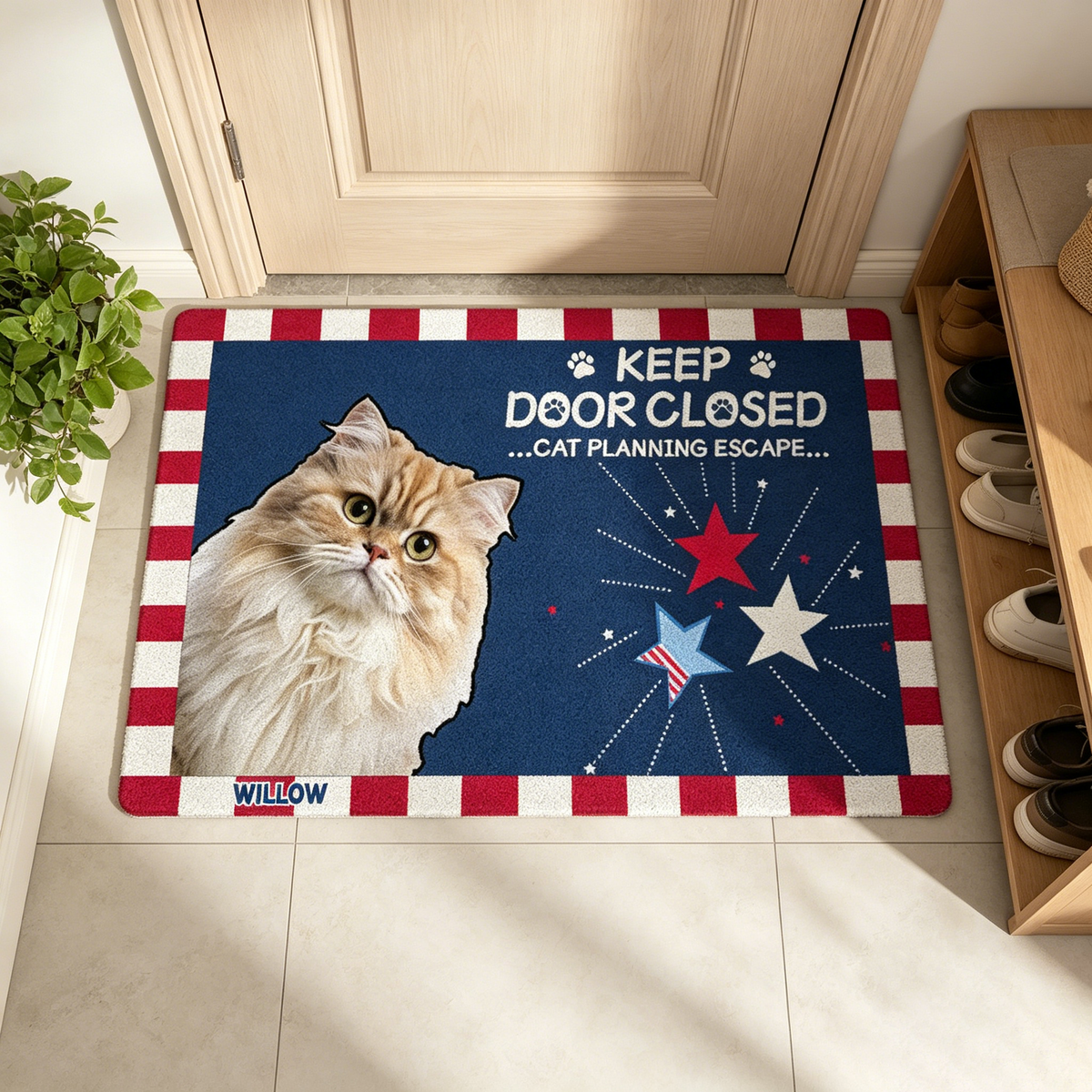 Personalized Home Mats With A "Cat Escape Plan" Design, Perfect For Cat Lovers, Independence Day, Birthday Gifts, And Also A Great Choice For Housewarming Celebrations.
