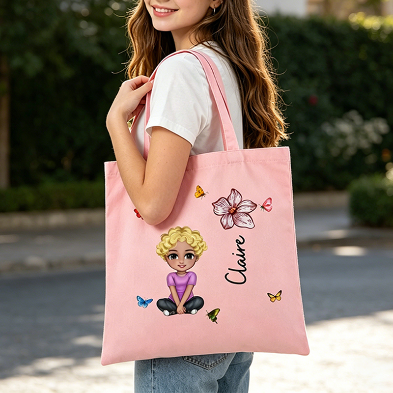 Personalized cartoon female/girl character design lightweight nylon/dopamine capolyester nvas bag, Names and birthday flowers can be printed on them; they make great birthday gifts, especially for women.