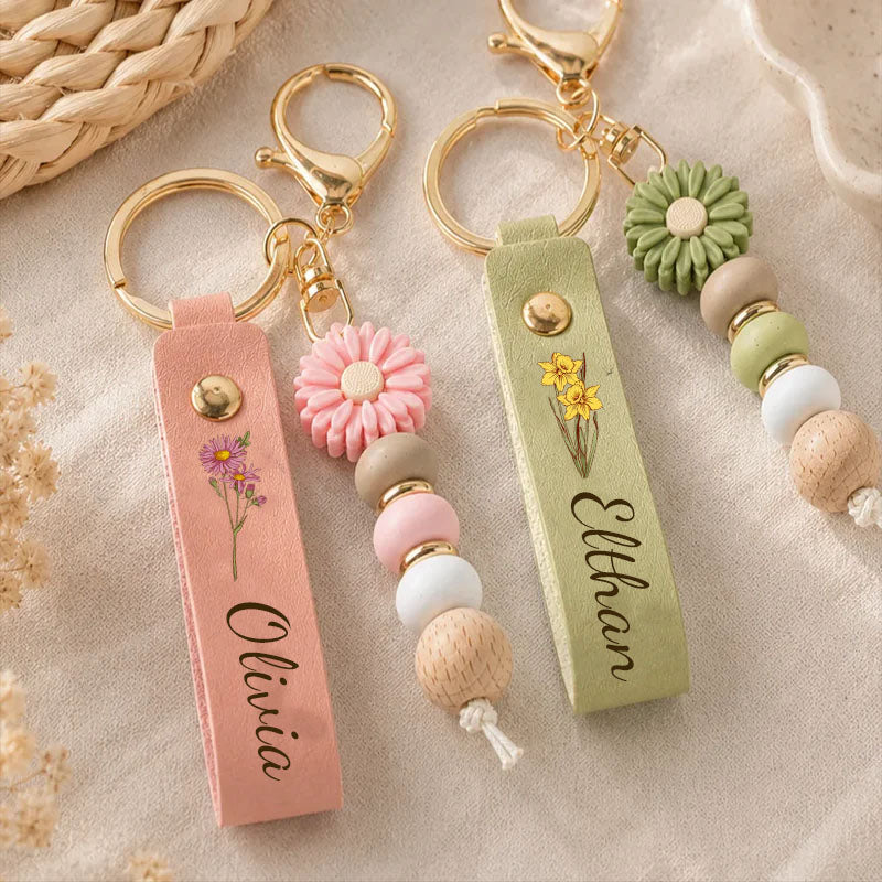 Daisy Beaded Keychain, Personalized Custom Name Key Ring with Birthday Month Flower, Leather Strap Keychain for Women, Gift for Her