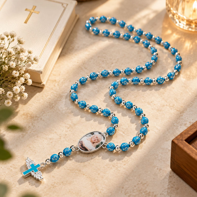 Personalized Cross Beaded Necklace with Angel Wing Cross Pendant, Meaningful Prayer Keepsake, Religious Memorial Gift