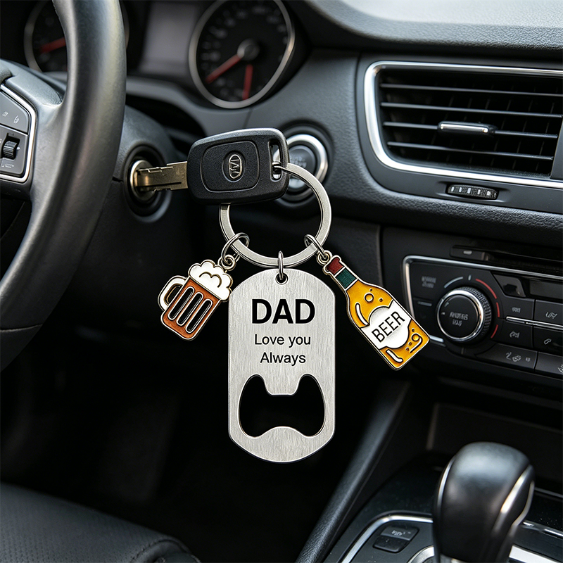 Personalized beer opener keychains, customizable with titles and text, perfect for Father's Day, birthdays, or as a gift for dads and grandpas.