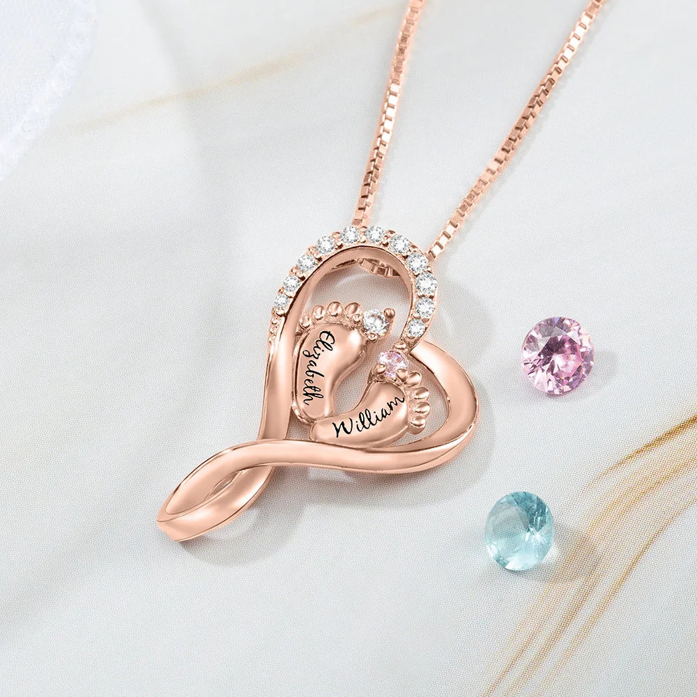 Baby Footprint Heart Pendant Necklace, Personalized Custom Birthstone Jewelry with Engraved Name for Mother New Mom Family Gift
