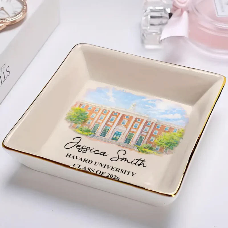 Custom Watercolor-Style College Photo – Personalized Gold-Rimmed Ceramic Jewelry Tray