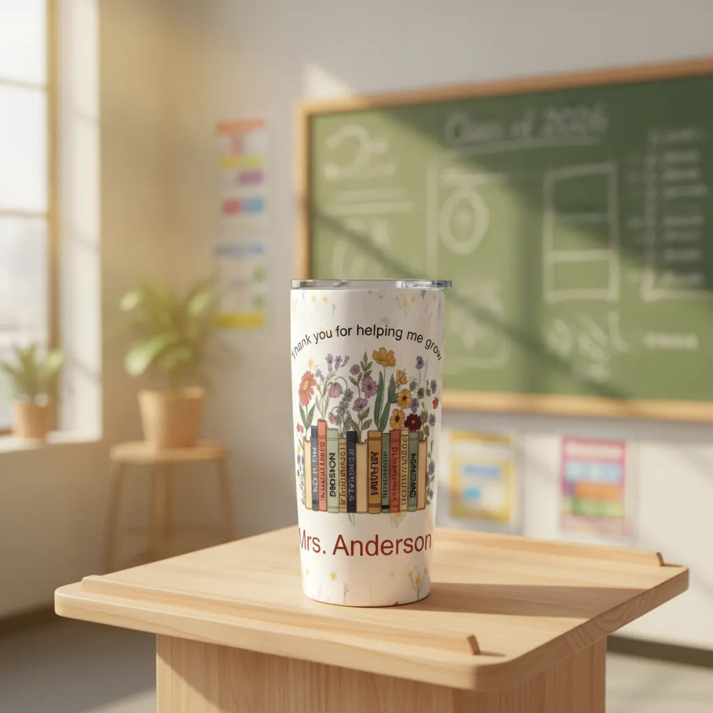 Custom Teacher Coffee Tumbler with Name & Floral Books Personalized Appreciation Gift for Teachers, Educators & Professors