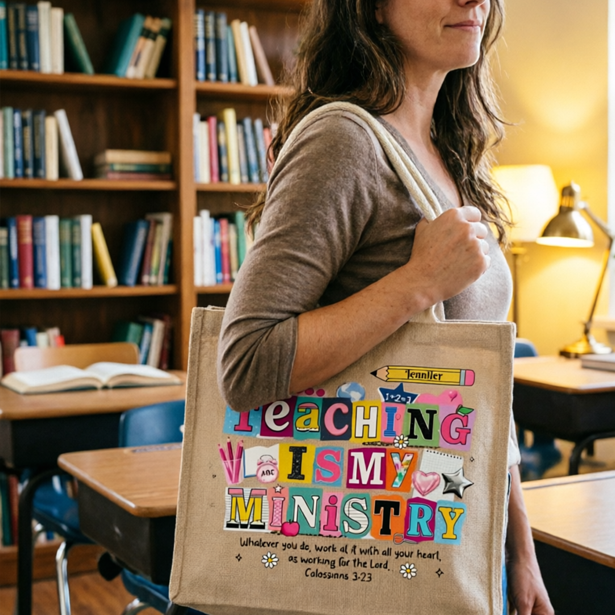 Custom Printed Tote Bag, Personalized Patterns and Bible Scripture Quotes, Thoughtful Back-To-School Teacher Gift