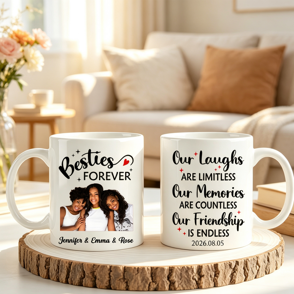 personalized Photo Coffee Mug, Custom With Name & Uploaded Picture, "Our Friendship Will Never End", Thoughtful Keepsake Gift for Best Friend, Friend, Classmate