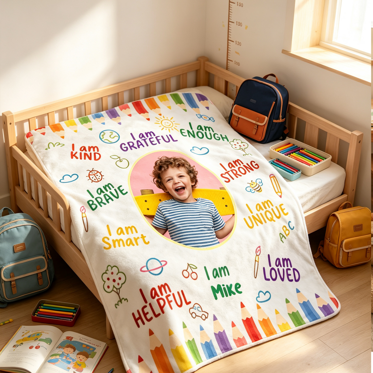 Custom Photo Blanket with Quote "I Am Brave, I Am Strong", Sentimental Back-To-School Gift For Kids