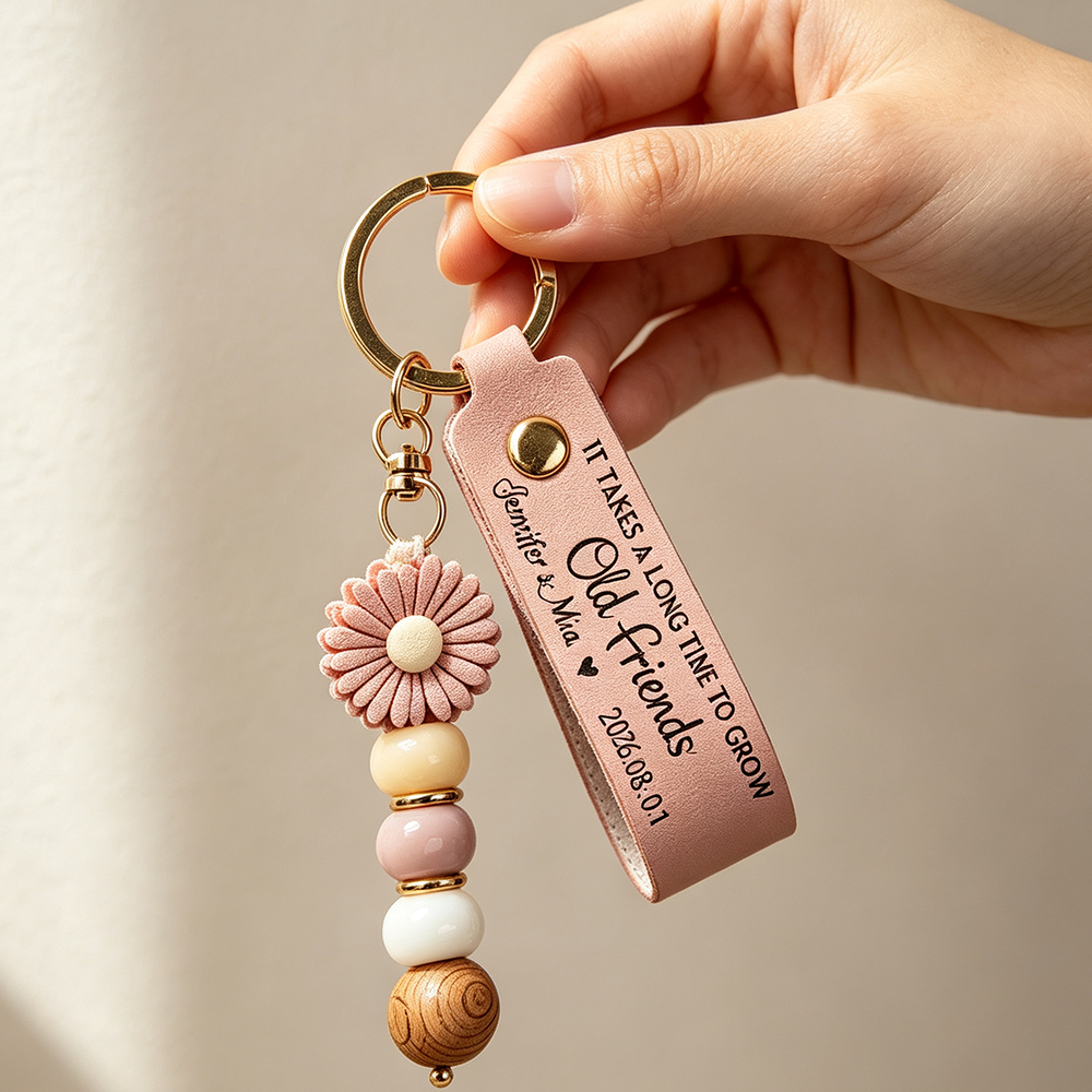 Custom Personalized Leather Beaded Keychain, Quote “True Friendship Is an Endless Journey”, Thoughtful Keepsake Present for Best Friends on Birthday, Wedding and Important Occasion